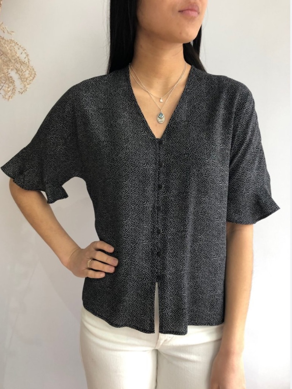 MELISSA NEPTON Micro Polka Dot Blouse Large Button Chic Parisian Career Canadian